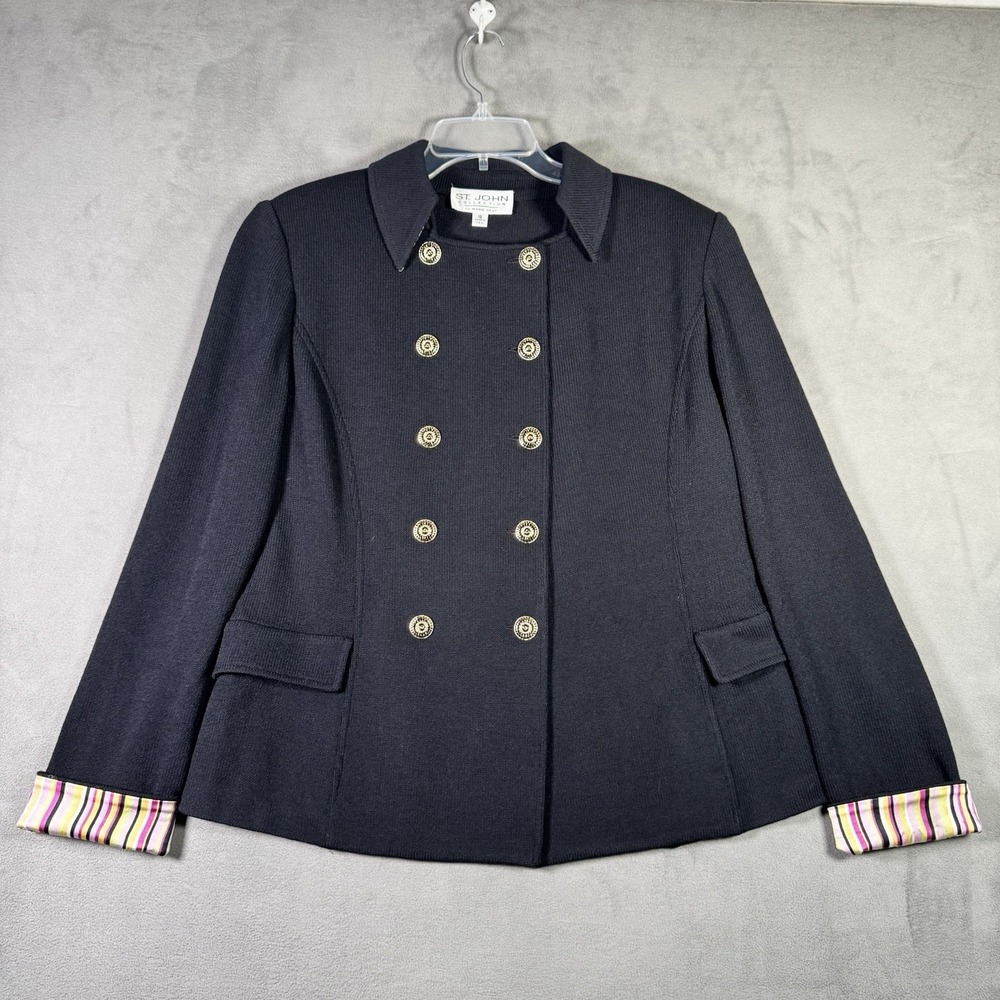 St John Military Blazer Womens 12 Black Santana Knit Gold Buttons Office USA